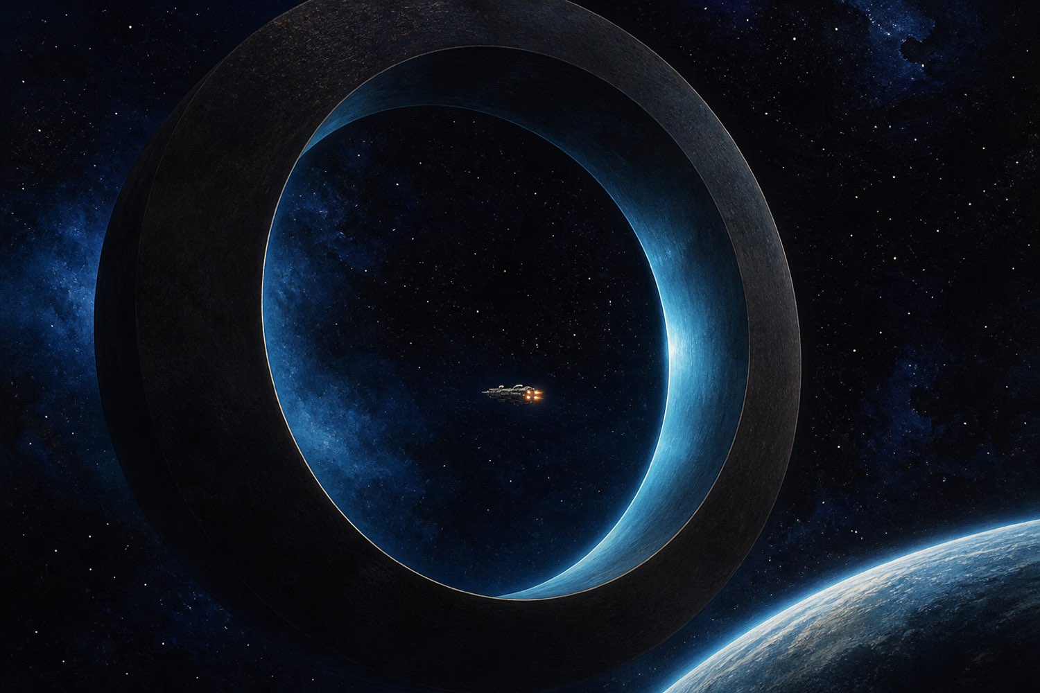 A Precursor gate kilometres across, its inner rim lit blue, with a freighter passing through the opening as a tiny speck