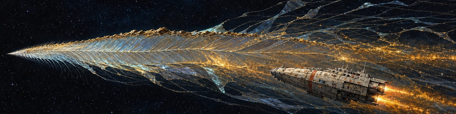 A colossal Leviathan streaming through space with a small freighter riding the golden turbulence of its wake