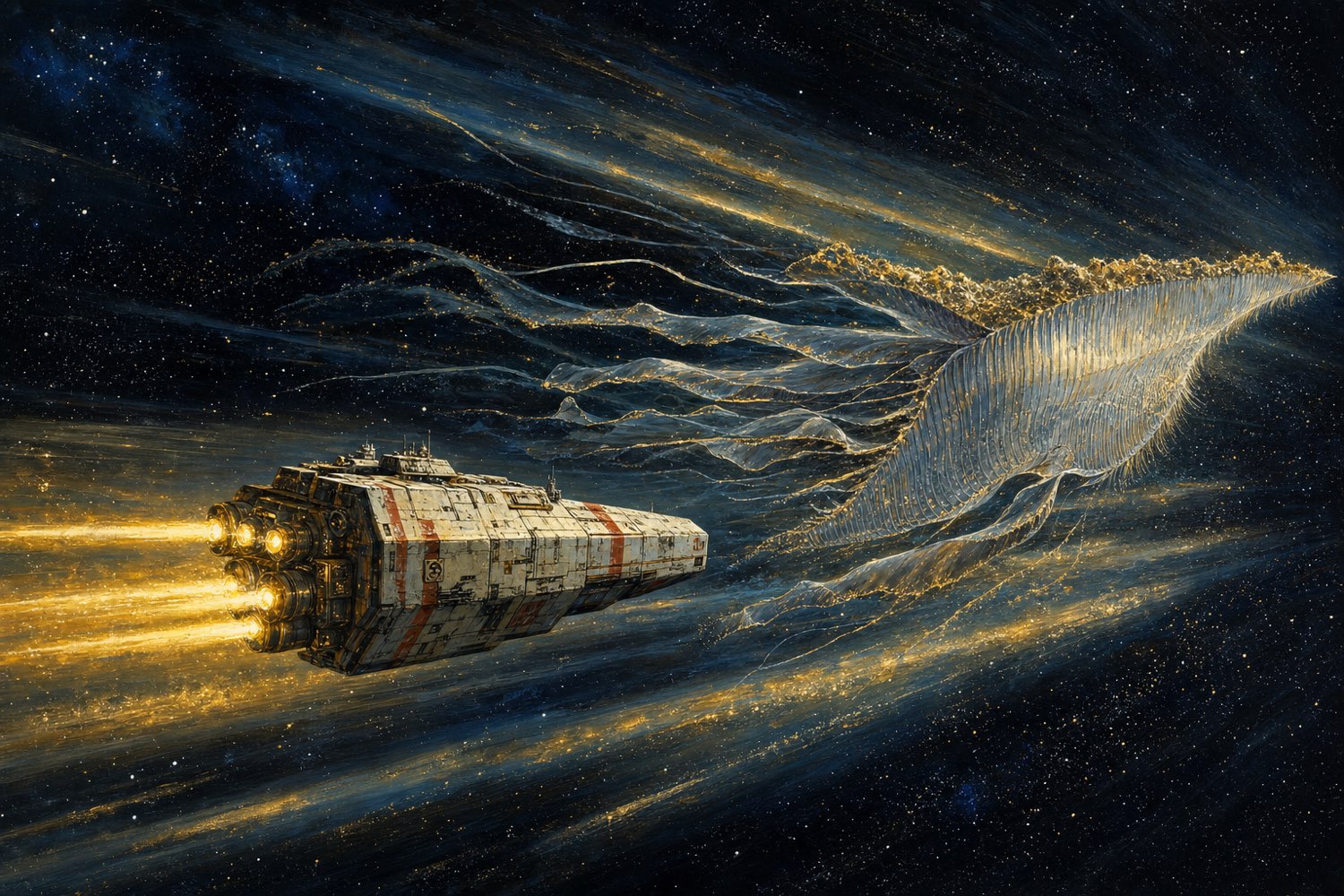 A ship riding the wake of a Leviathan